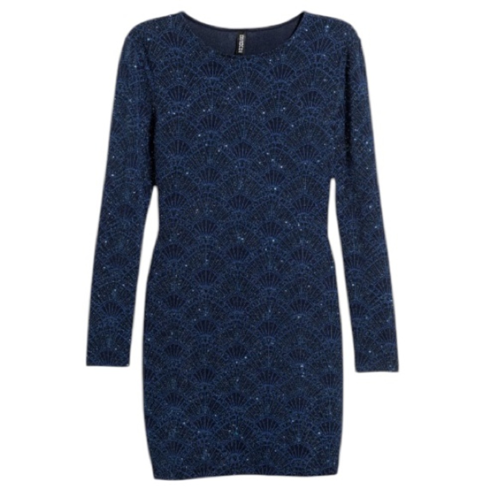 H&M navy blue backless glitter scallop long sleeve bodycon mini dress size 2